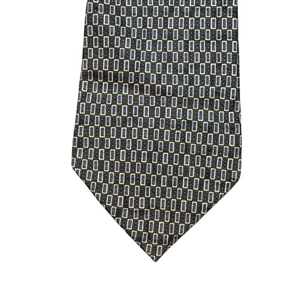 Vintage Geometric Silk Necktie Brown Blue Tan Rectangle Pattern Handmade Tie